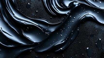 Poster - Flowing black liquid waves create dramatic abstract texture with shimmering droplets and glossy ripples against dark background, suitable for luxury product designs.