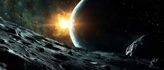 Wall Mural - a planet with a sun in the sky and a rocky surface