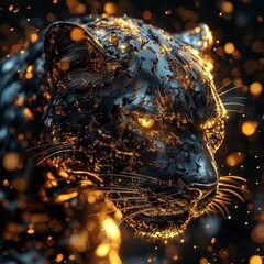 Poster - A detailed metallic jaguar head glows with bright golden light