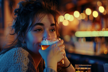 Poster - ai generated photo of young woman in pub at evening