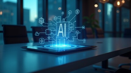 A tablet with a glowing AI interface above it, featuring futuristic technology elements, smart assistant features, and digital innovation graphics, on table in the office