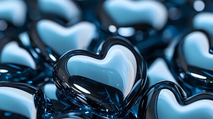 Poster - Glossy metallic hearts in cool blue tones create romantic pattern. Multiple reflective heart shapes with smooth surface and highlights form elegant background composition.