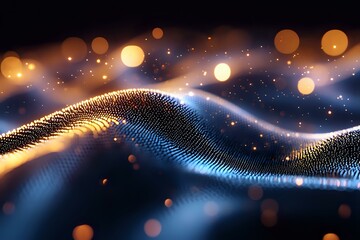Aufkleber - Glowing particle wave with golden bokeh lights on dark background creates futuristic abstract technology visualization with flowing motion effect.