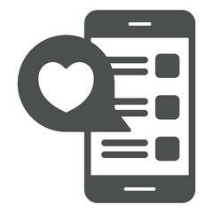Poster - Smartphone with romantic message solid icon, mother day concept. Vector graphics. Phone with heart bubble sign on white background, glyph style icon for mobile or web design.