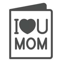 Poster - Greeting card with I love MOM letters solid icon, mother day concept. Vector graphics. Paper flyer brochure with heart sign on white background, glyph style icon for mobile or web design.