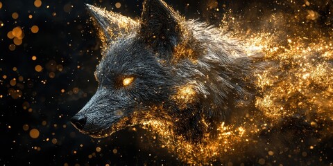 Poster - A stylized wolf head with a golden glowing energy effect