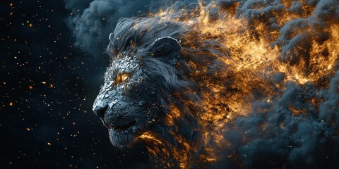 Poster - Majestic lion head portrait engulfed in a fiery and smoky aura