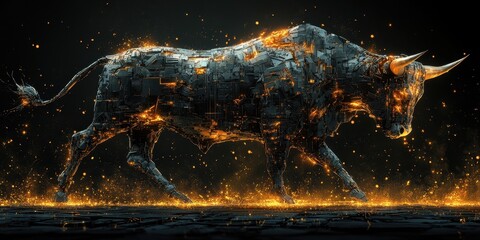 Poster - An illuminated robotic bull charging forward against a dark background