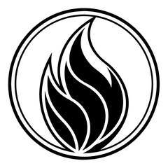 Poster - a stylized flame logo with black and white colors, inside a circular border. The flame design features smooth, curved lines that give it a dynamic appearance vector illustration