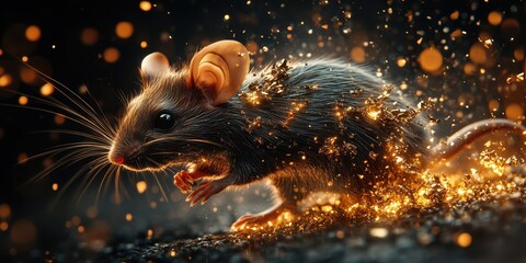Poster - A small brown mouse with golden particles sparkles beautifully