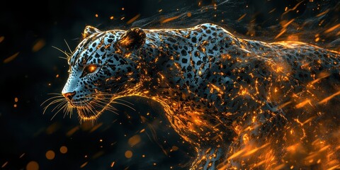 Poster - A glowing leopard depicted with fiery particles running forward