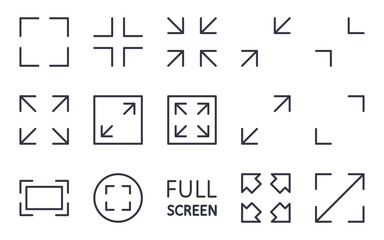 Vector icons full screen and exit screen. Arrows and scalable interface symbols for web, app, media, and UI design. Editable stroke line set for screen size control and navigation.
