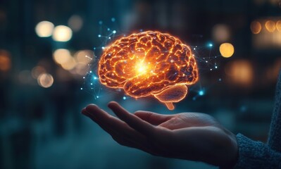 Poster - Hand holding a luminous holographic brain, symbolizing innovation, artificial intelligence, and the future of business and science