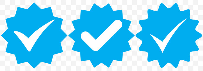 Poster - Blue check mark tick verification icon symbol vector. Set of profile verification vector icons. Sticker or badge of blue verification account. Original profile. EPS 10.