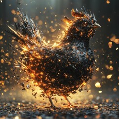 Poster - A black chicken disintegrating with golden light emanating outwards