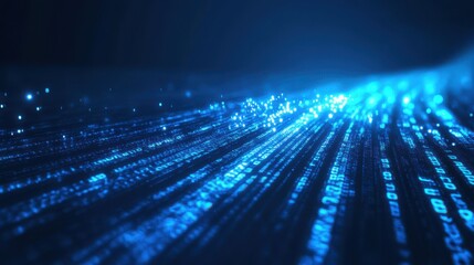 Fototapete - Futuristic digital data stream, glowing binary code flowing in a dark blue space, high-tech cyber background, neon light reflections, abstract technology concept