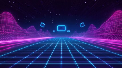Fototapete - Immersive virtual reality landscape, glowing holographic grids and wireframes, futuristic cyberpunk atmosphere, deep blue and neon accents