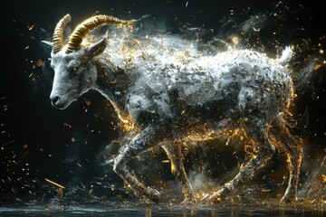 Poster - A running goat with golden horns and sparkling effects is shown