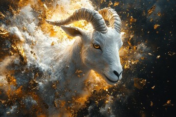Poster - A regal white goat head emerging from golden celestial explosion