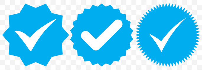 Poster - Set of verified badge. Blue check mark icon. Set of right symbol in zig zag style. Instagram verified badge. Social media account verification icons. EPS 10.