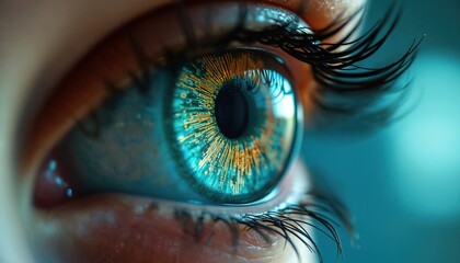 Leinwandbilder - Eye close-up with digital circuitry reflected in pupil. Digital tech, futuristic innovation concept. Human eye with electronic micro schemes shows tech future, modern science, digital art. Macro,