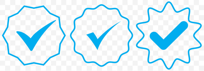 Poster - Set of verified badge. Blue check mark icon. Set of right symbol in zig zag style. Instagram verified badge. Social media account verification icons. EPS 10.