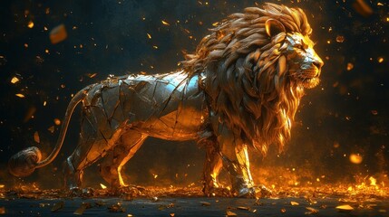 Poster - A majestic golden lion appears glowing in the dim background