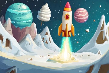 Wall Mural - a rocket launching from a snowy planet with celestial bodies