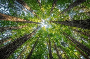 Poster - Sunlight filtering through dense forest canopy, illuminating tall trees with vibrant green foliage from below