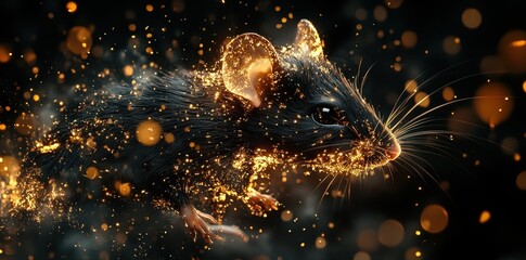 Poster - An ethereal mouse with golden particles and dark background details