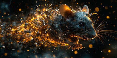 Poster - A realistic mouse rapidly disintegrating into glowing fragmented particles