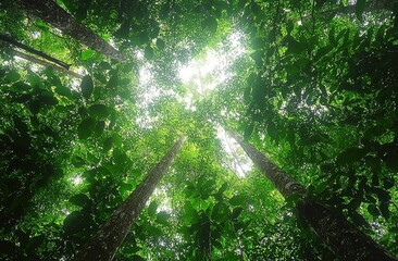 Poster - Sunlight filters through a lush, green forest canopy, creating a tranquil and inspiring scene
