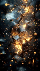 Poster - Abstract depiction of broken matter with sparkling golden particles