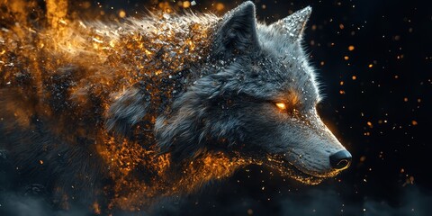 Poster - A majestic wolf illuminated with glowing fiery particles in the darkness