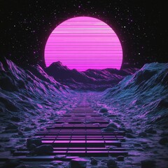 Wall Mural - purple planet landscape with massive sun and starfilled sky