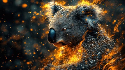 Poster - A stylized koala surrounded by vibrant fiery sparks and particles