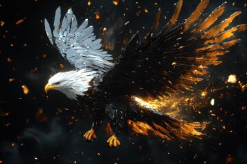 Poster - Majestic eagle soaring through the dark sky with golden glowing effects