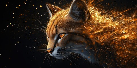 Poster - A golden feline portrait with an abstract dispersing effect