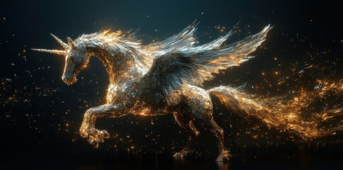 Poster - A Winged Unicorn Gallops Through A Dark Background With Golden Glow