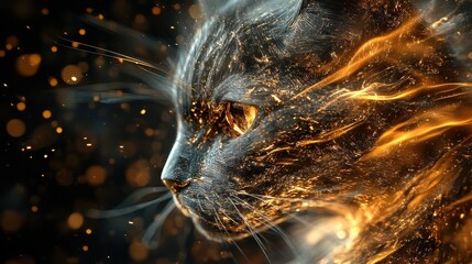 Poster - A side profile of a black cat with golden glowing effects
