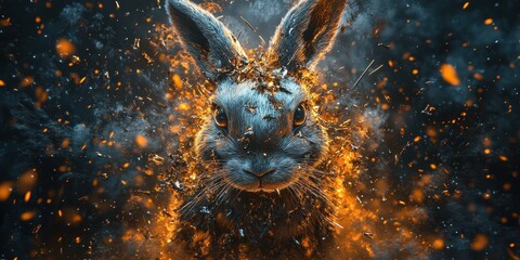 Poster - A dynamic digital art image of an explosive rabbit face