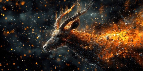 Poster - A majestic stag bursting into glowing particles in dark space
