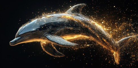 Poster - A dynamic dolphin sculpture created with glowing golden particles