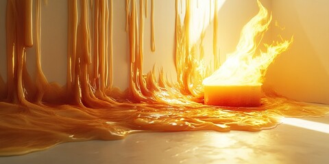 Poster - Melting substance oozes and glows with warm orange hues in a well-lit setting