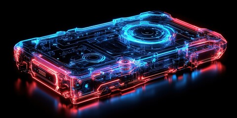 Poster - Futuristic device with neon glowing elements showcasing advanced technology and design aesthetics in a dark environment