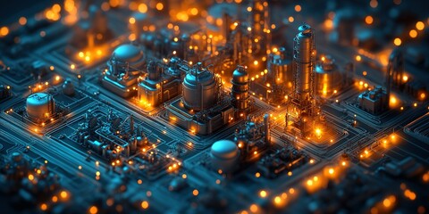 Poster - Innovative industrial landscape with glowing cityscape at night showcasing advanced technology and intricate design elements