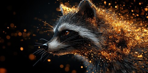 Poster - A Realistic Portrait Depicting a Raccoon Surrounded by Golden Particles