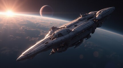 Poster - A futuristic spaceship flies above a planet with a distant moon, bathed in the light of a rising sun