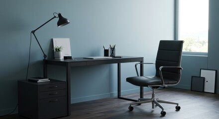 Poster - A modern, minimalist office space features a dark gray desk with drawers, a black adjustable lamp, a matching rolling office chair, and a small potted plant against a cool-toned blue wall