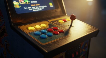 Poster - A close-up, angled shot of a vintage arcade game control panel with colorful buttons and a joystick, illuminated by a warm light source